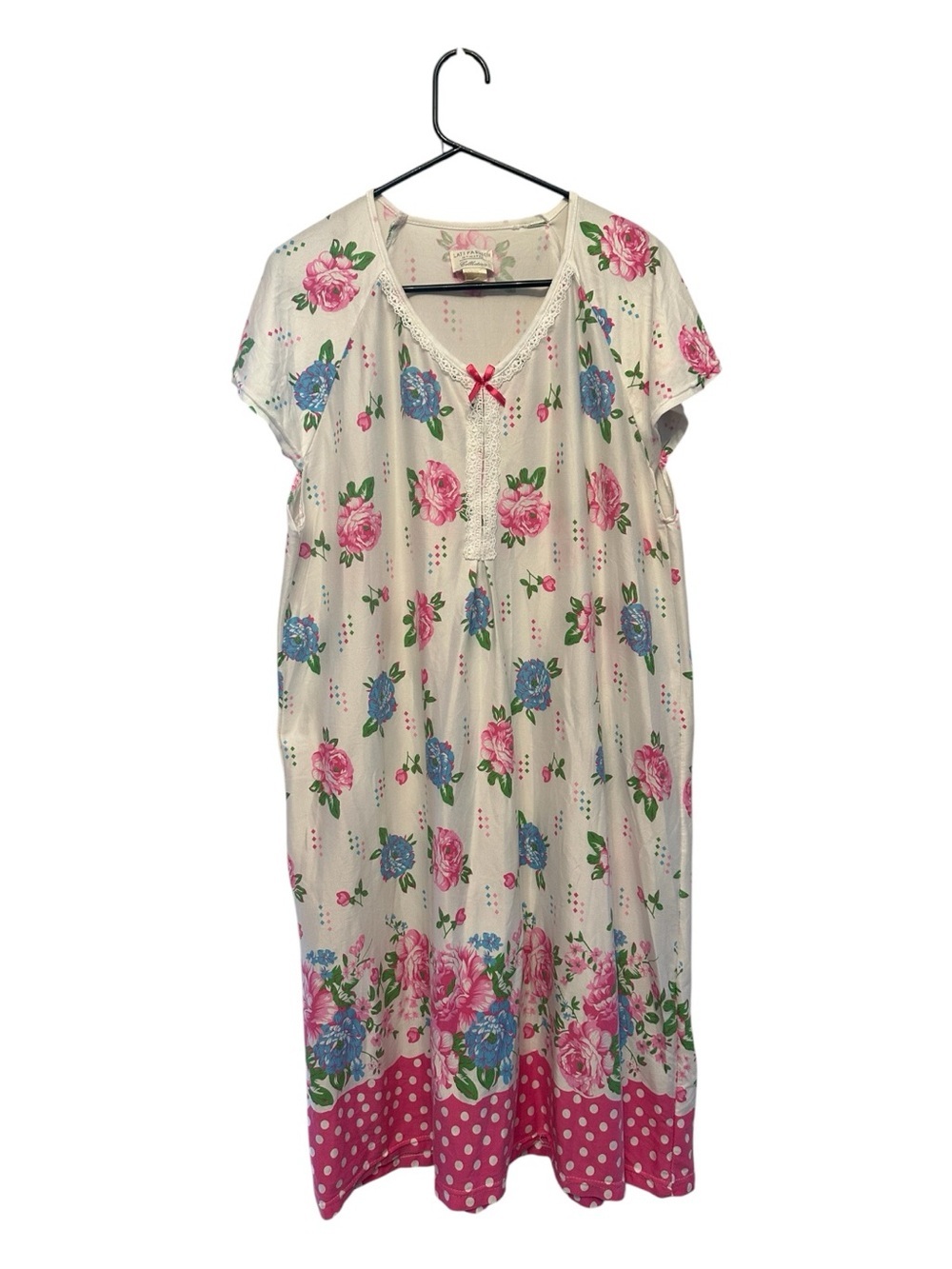Vintage 90’s Lati Fashion Cream Floral Cotton Nightgown w Pink & Blue Blooms 2X